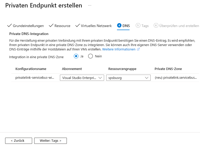Screenshot: Seite „DNS“ des Assistenten zum Erstellen eines privaten Endpunkts.