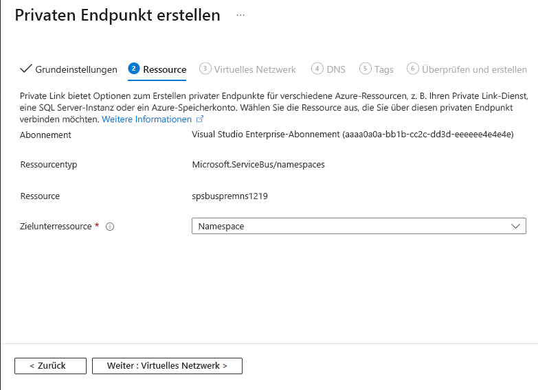 Seite „Ressource“ des Assistenten zum Erstellen eines privaten Endpunkts.
