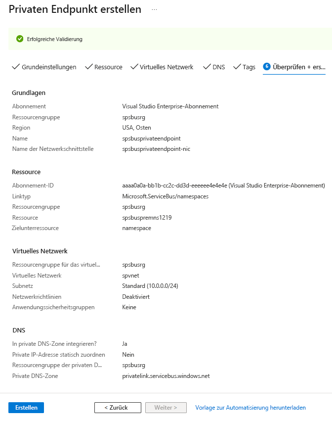 Screenshot: Seite „Überprüfen und erstellen“ des Assistenten zum Erstellen eines privaten Endpunkts.