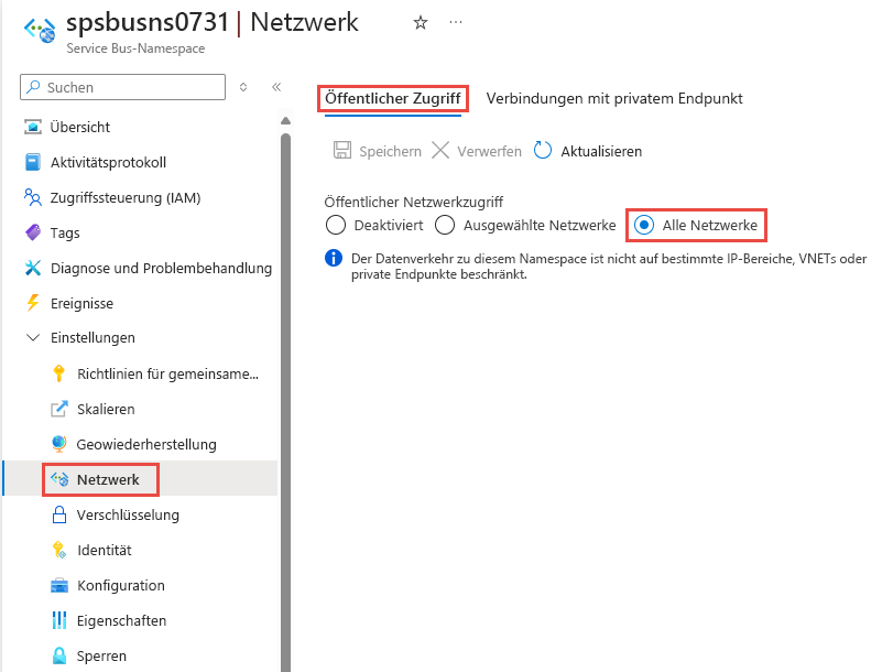 Screenshot: Registerkarte „Netzwerk“ eines Service Bus-Namespace mit ausgewählter Standardoption „Alle Netzwerke“.