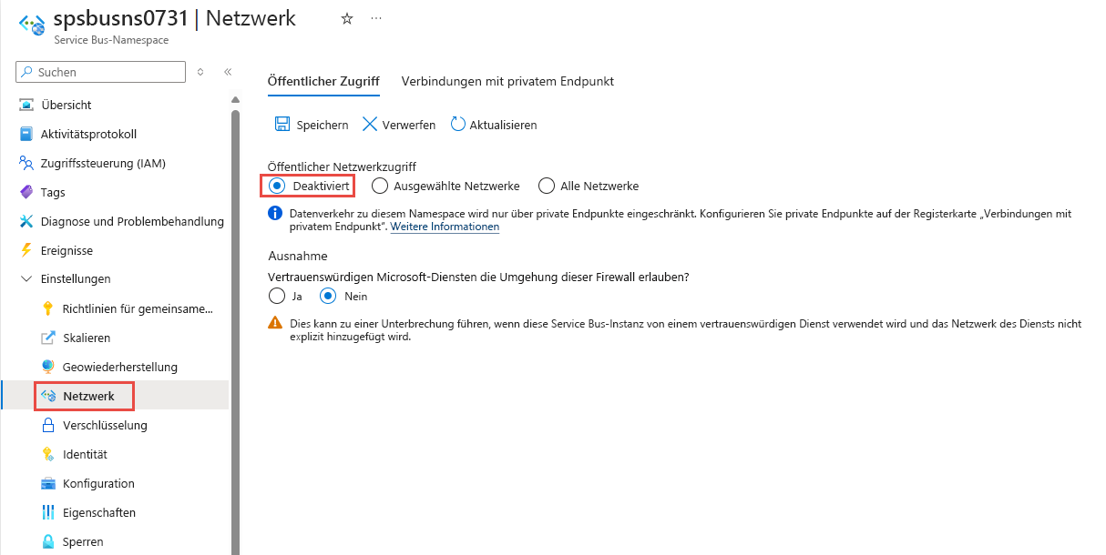 Screenshot: Die Seite „Netzwerk“ eines Namespace mit deaktiviertem öffentlichem Zugriff