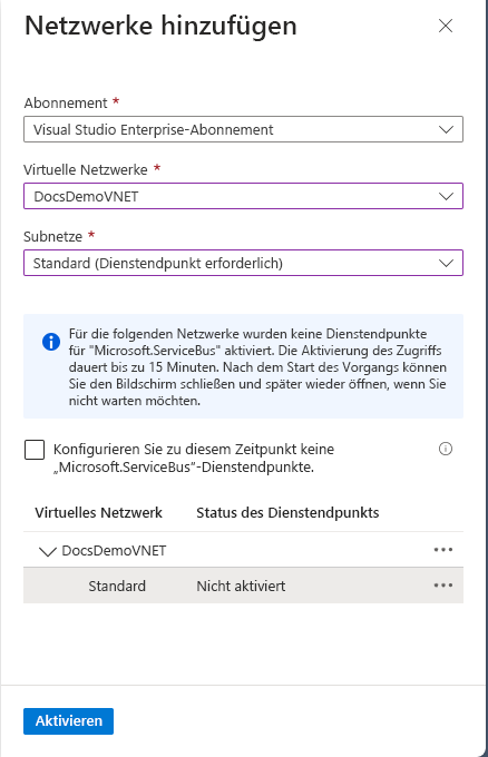 Screenshot: Auswahl des virtuellen Netzwerks und des Subnetzes