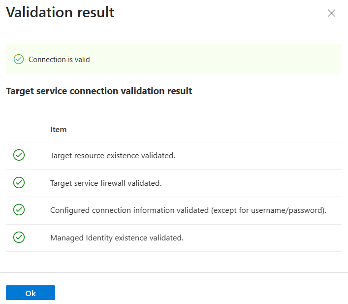 Der Screenshot des Azure-Portals, Ergebnis der Verbindungsvalidierung abrufen.