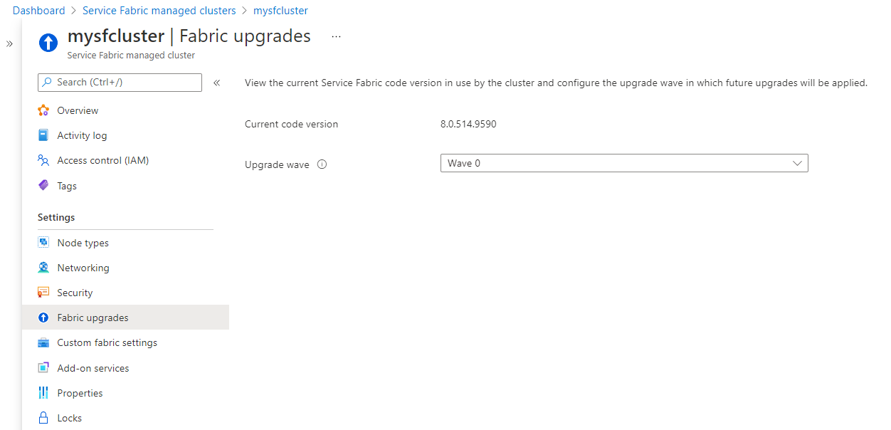 Wählen Sie im Azure-Portal im Abschnitt „Fabric-Upgrades“ Ihrer Clusterressource zwischen verschiedenen automatischen Zyklen.