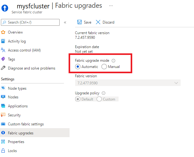 Auswählen von „Automatisch“ oder „Manuell“ im Abschnitt „Fabric-Upgrades“ Ihrer Clusterressource im Azure-Portal.