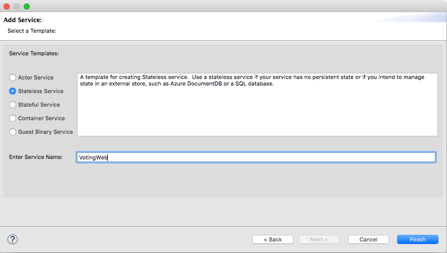 Erstellen eines zustandslosen Diensts für Ihr Service Fabric-Projekt