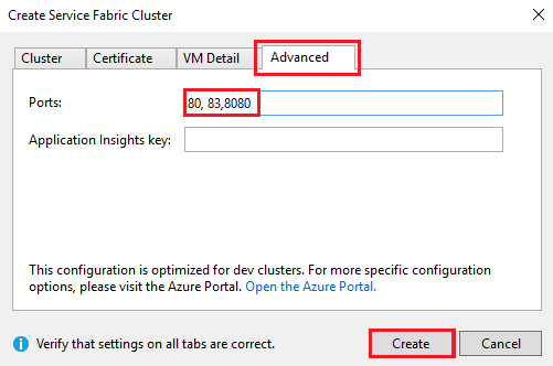 Screenshot der Registerkarte „Erweitert“ des Dialogs „Service Fabric-Cluster erstellen“.