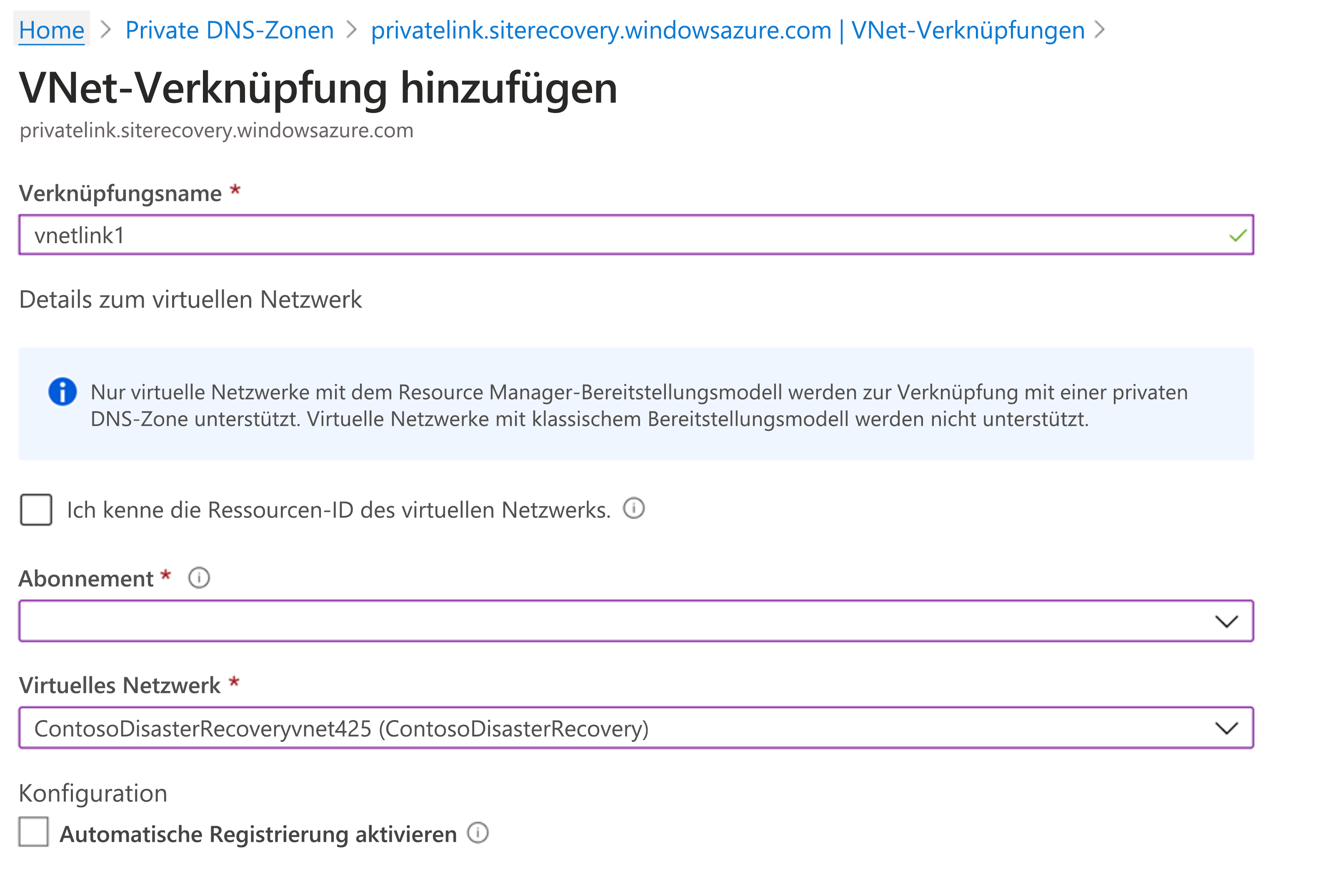 Seite zum Hinzufügen eines VNET-Links mit Linkname, Abonnement und zugehörigen virtuellen Netzwerken im Azure-Portal