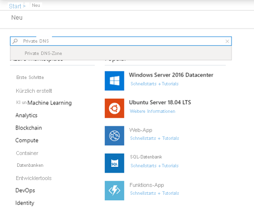 Suche nach „Private DNS-Zone“ auf der Seite „Neue Ressourcen“ im Azure-Portal