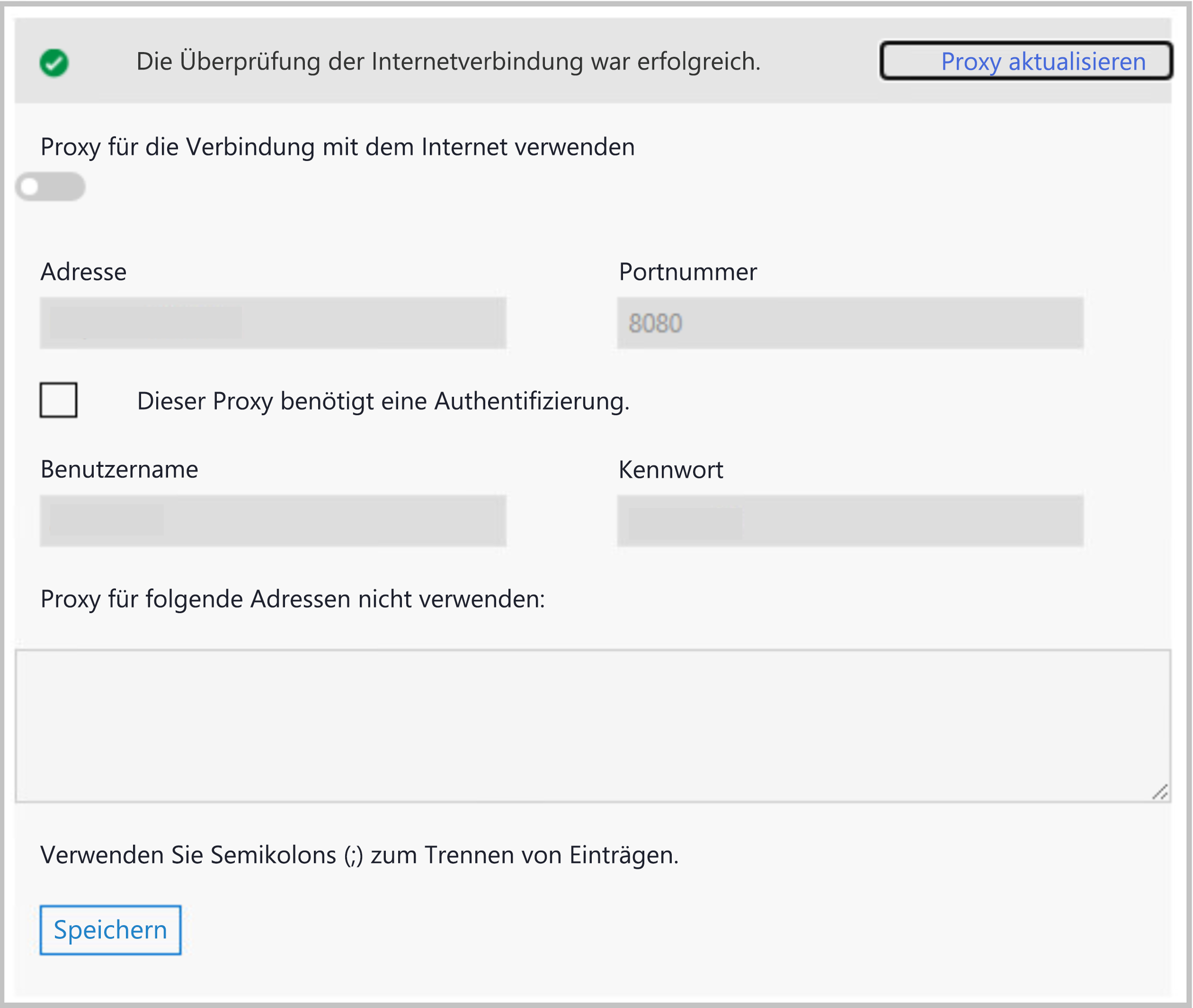 Screenshot des Bildschirms „Proxyaktualisierung“.