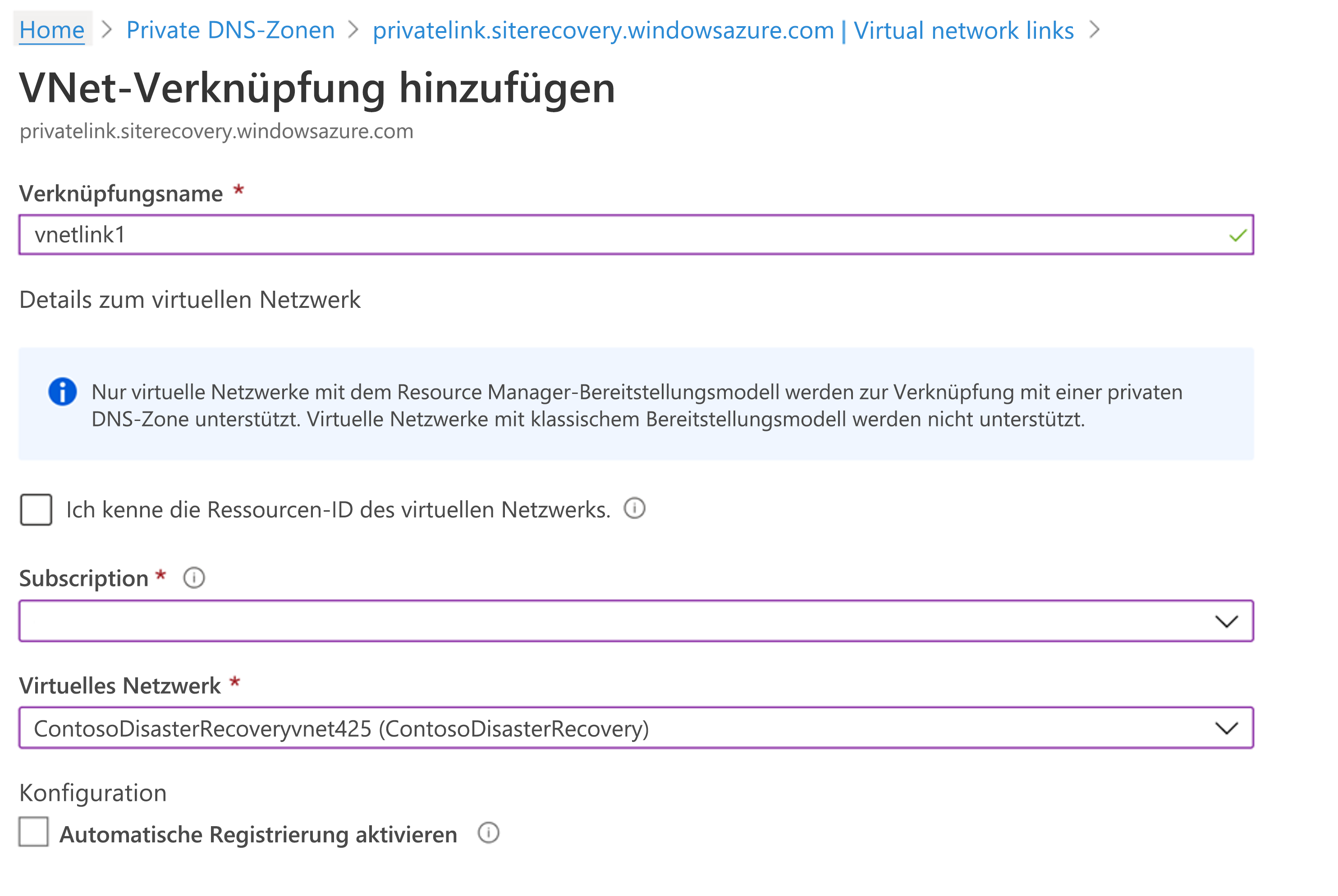 Screenshot der Seite „VNET-Verknüpfung hinzufügen“