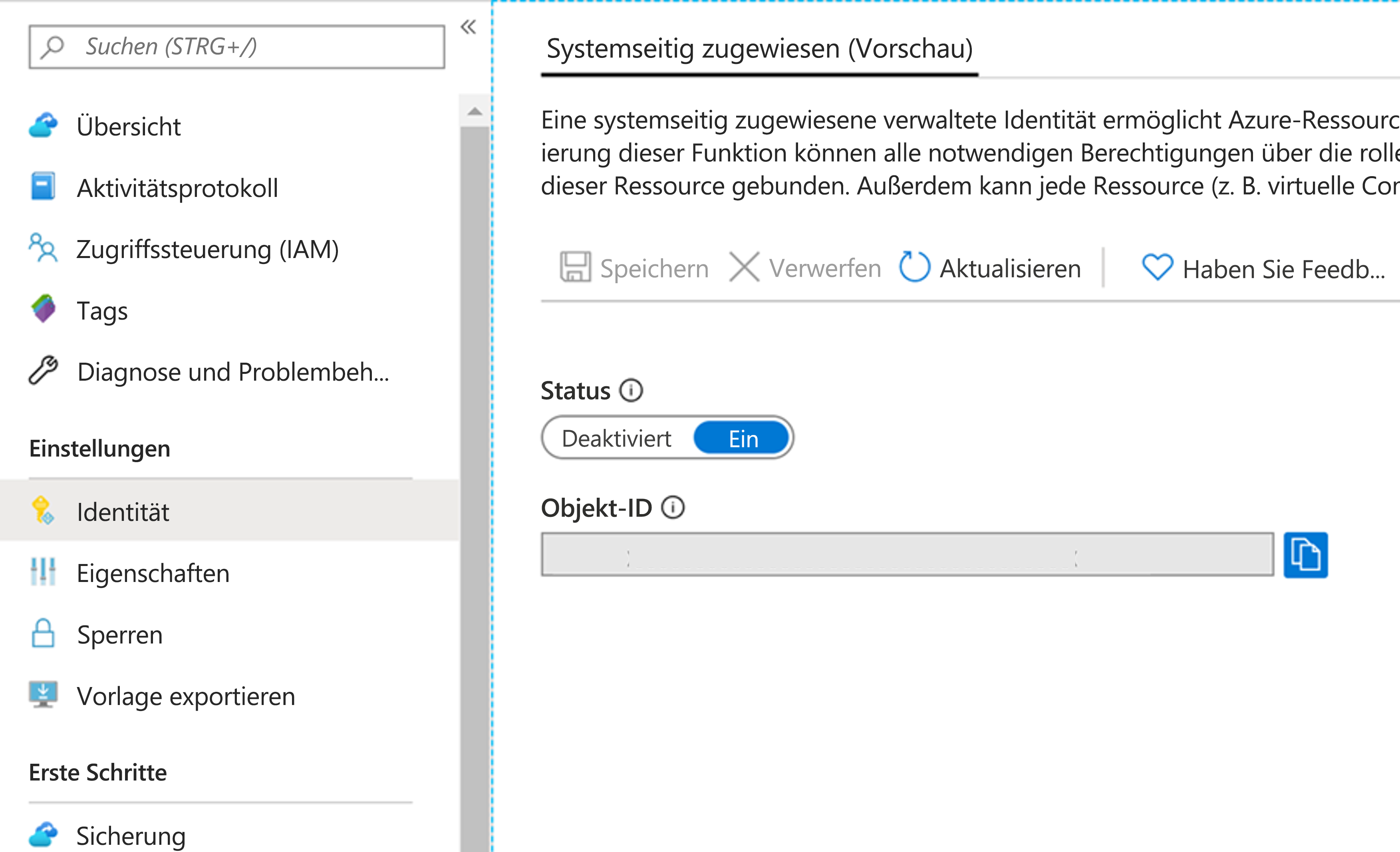 Screenshot: Seite mit den Einstellungen für die systemseitig zugewiesene Identität