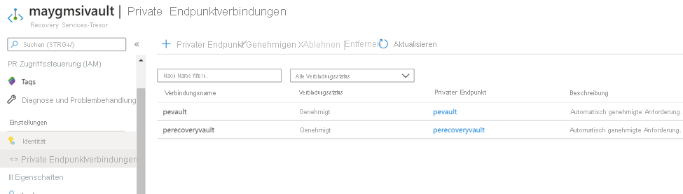 Screenshot der Seite „Verbindungen mit privatem Endpunkt“ des Tresors und Verbindungsliste