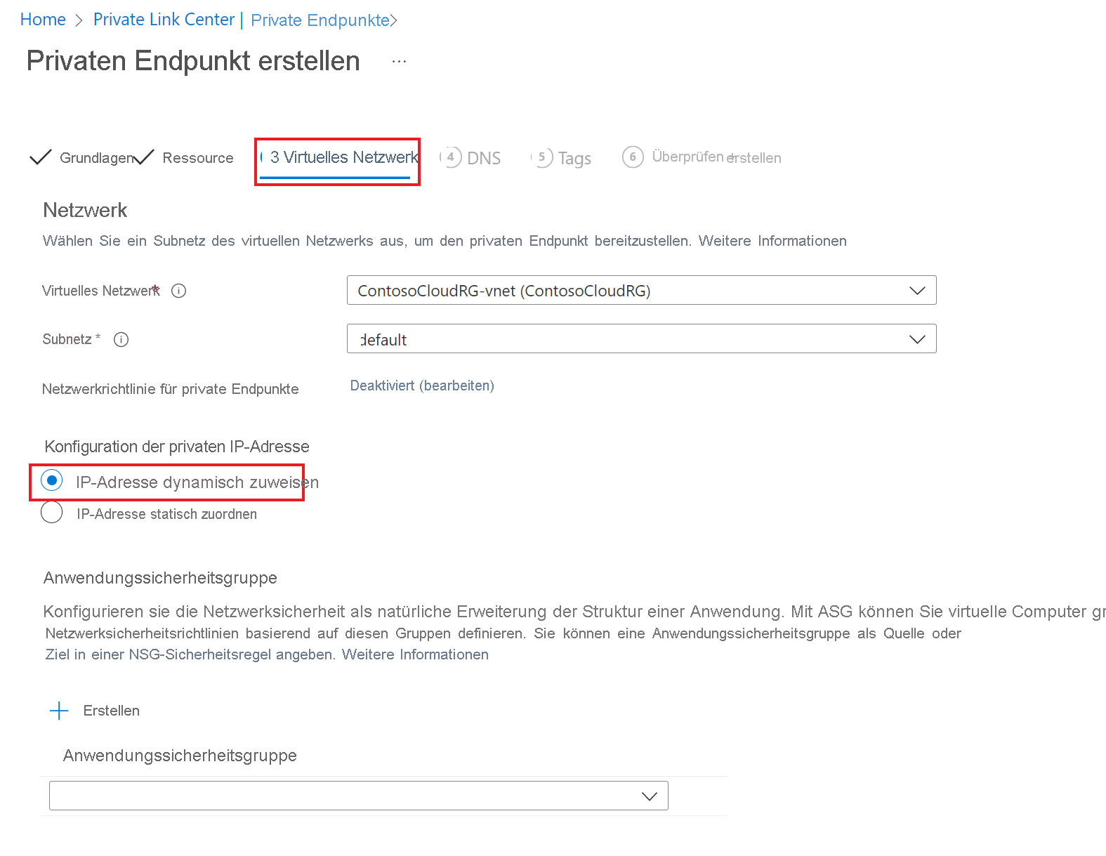 Screenshot der Registerkarte „Virtuelles Netzwerk“ für das Herstellen von Verknüpfungen mit einem privaten Endpunkt