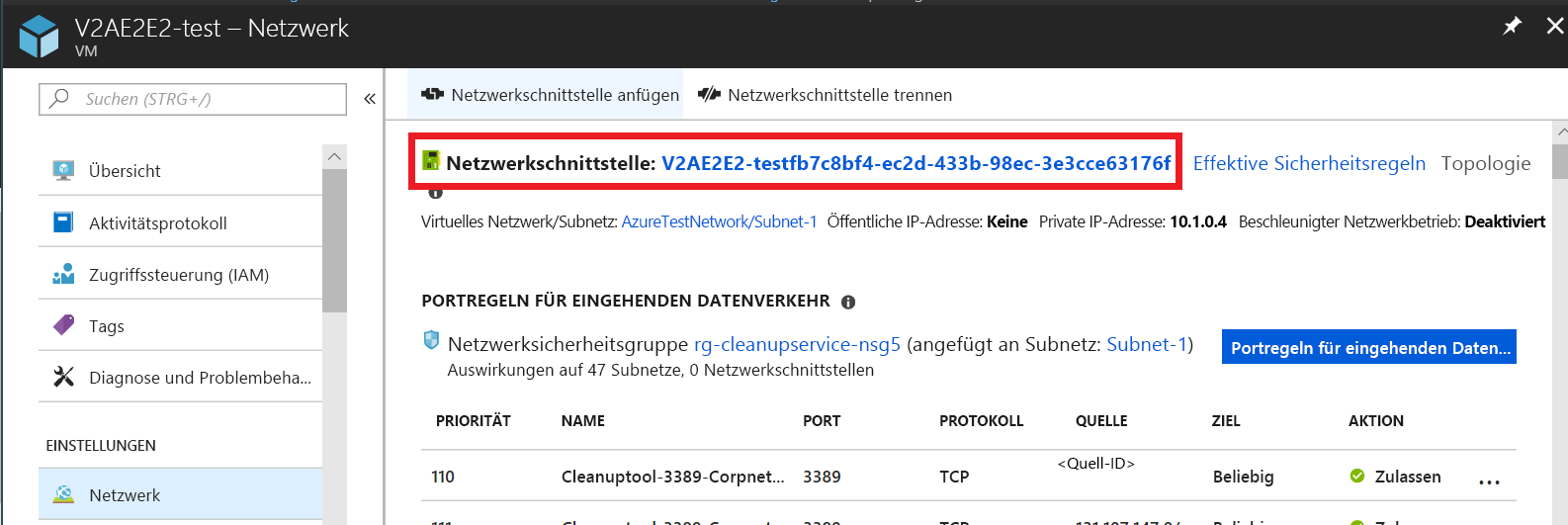 Screenshot: Seite „Netzwerk“ für eine VM, wobei der Name der Netzwerkschnittstelle ausgewählt ist.