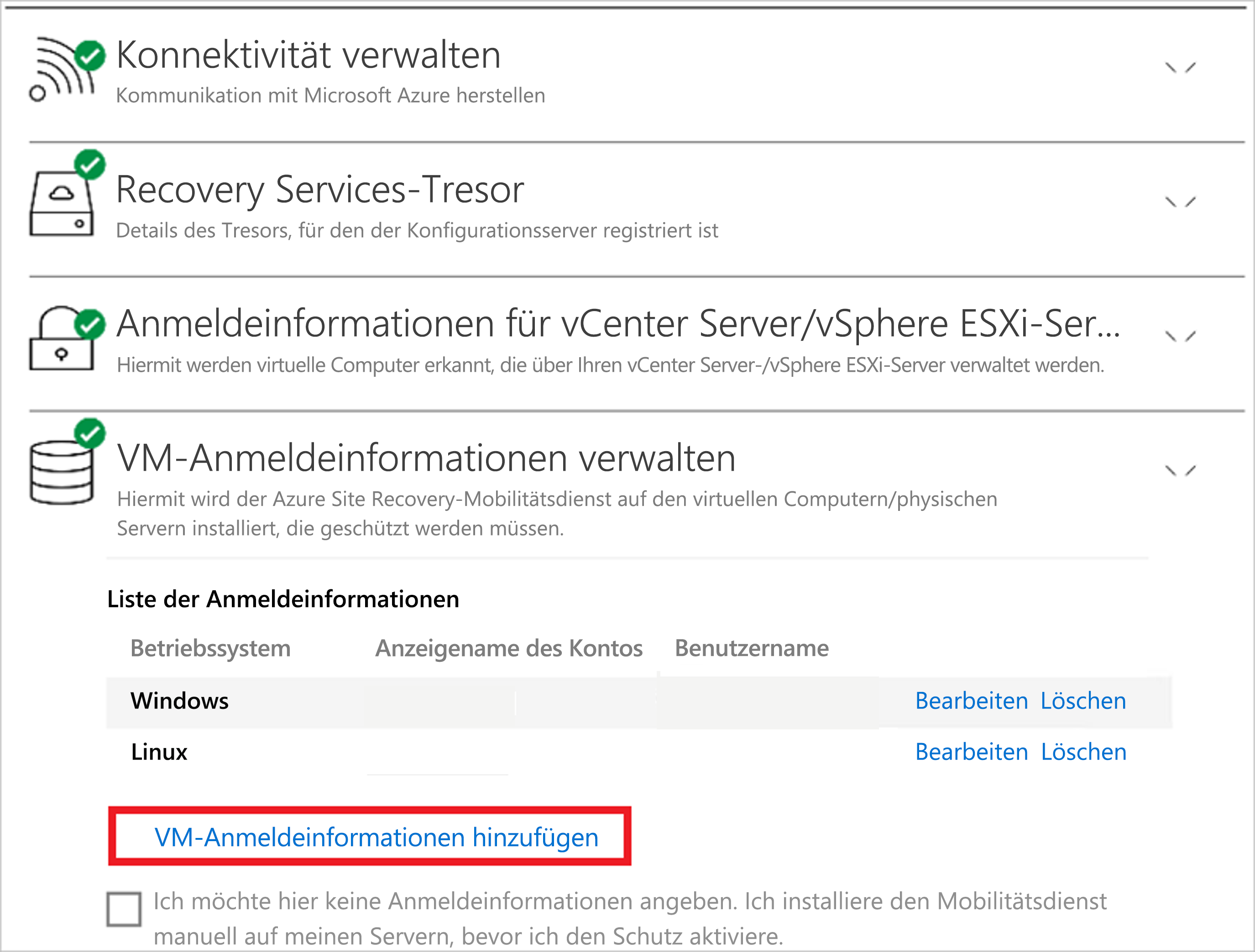 Screenshot: Bereich „VM-Anmeldeinformationen verwalten“ mit dem Link „VM-Anmeldeinformationen hinzufügen“