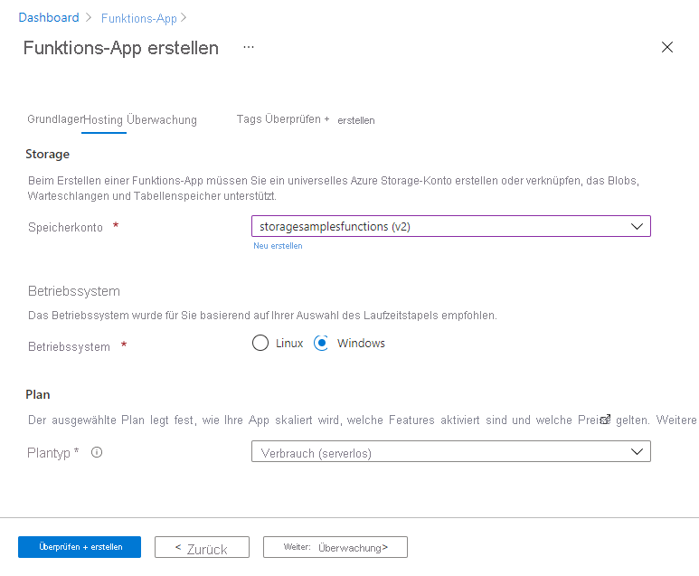 Screenshot zum Erstellen einer neuen Funktions-App in Azure, Registerkarte „Hosting“