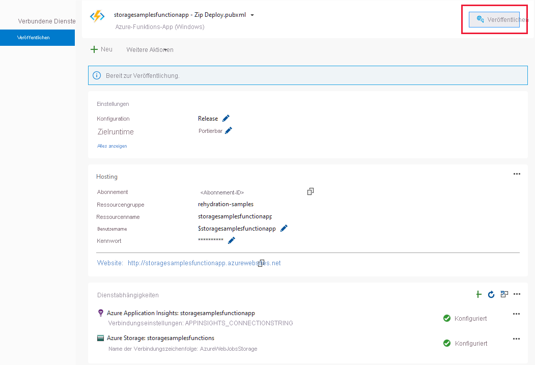 Screenshot der Seite zum Veröffentlichen der Azure-Funktion in Visual Studio