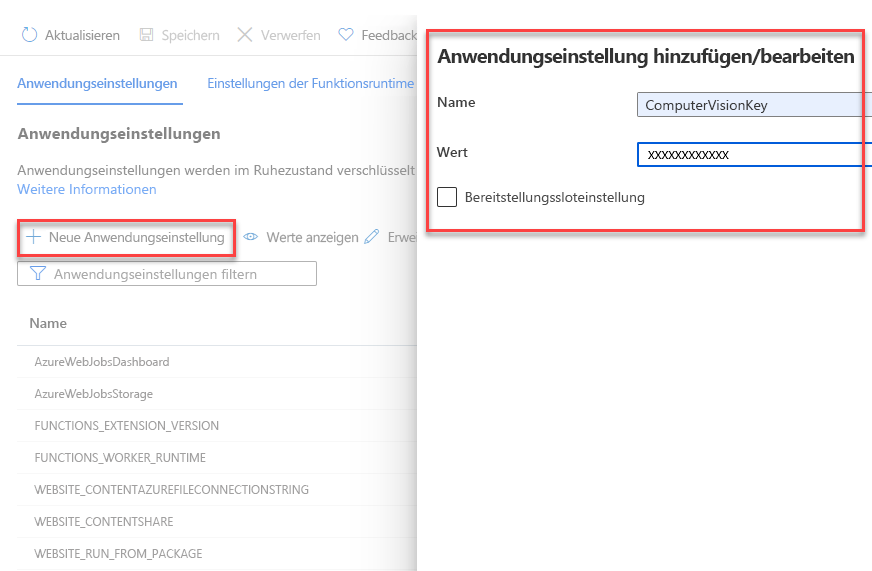 Screenshot: Hinzufügen einer neuen Anwendungseinstellung zu einer Azure-Funktion