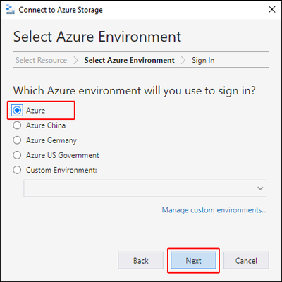 Screenshot des Microsoft Azure Storage-Explorers mit hervorgehobener Option „Azure-Umgebung auswählen“