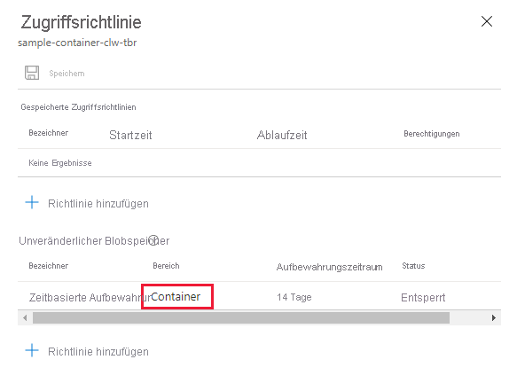 Screenshot, der eine vorhandene Unveränderlichkeitsrichtlinie zeigt, die für den Container gilt.