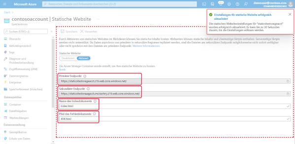 Abbildung, die die Eigenschaften der statischen Website im Azure-Portal zeigt