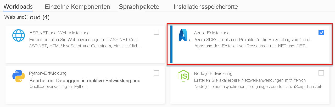 Screenshot: Visual Studio-Workload für die Azure-Entwicklung unter „Web und Cloud“