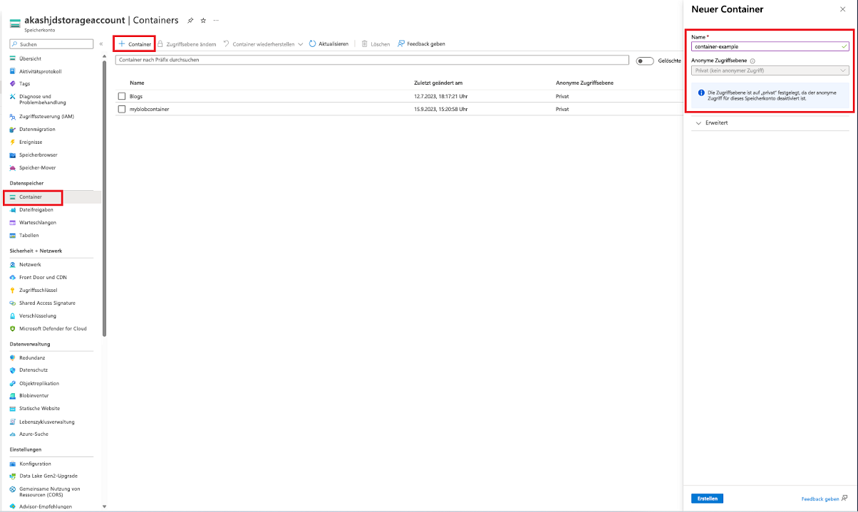 Screenshot showing how to create a container in the Azure portal