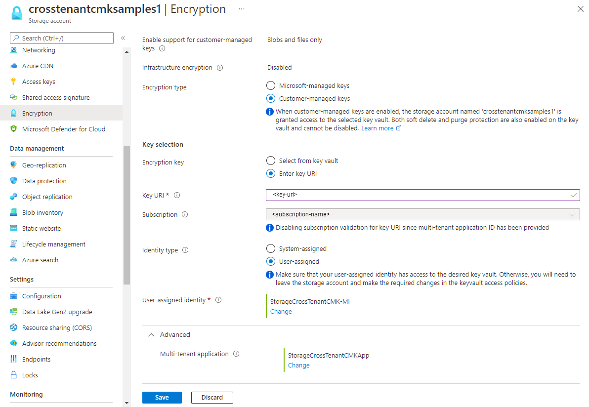 Screenshot der Konfiguration mandantenübergreifender kundenseitig verwalteter Schlüssel für ein vorhandenes Speicherkonto im Azure-Portal.