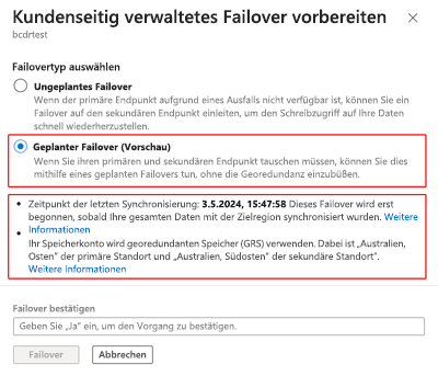 Screenshot der im Fenster „Failover vorbereiten“ ausgewählten Option „Geplantes Failover“