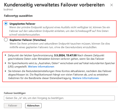 Screenshot mit der auf dem Fenster „Failover vorbereiten“ ausgewählten Option „Failover“