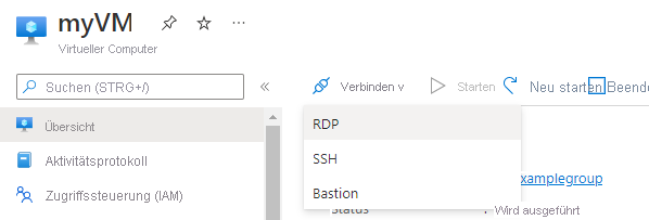 Screenshot: Schaltfläche „Verbinden“ im Azure-Portal, wobei „RDP“ hervorgehoben ist