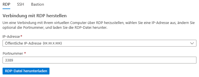 Screenshot: Herstellen einer Verbindung mit RDP