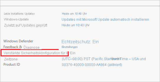 Screenshot: Der Bereich „Verstärkte Sicherheitskonfiguration für Internet Explorer“ auf der Benutzeroberfläche von Server-Manager