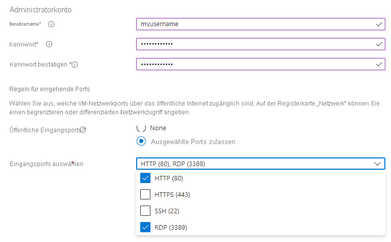 Screenshot: Festlegen des Benutzernamens, des Kennworts und der Regeln für eingehende Ports für die VM