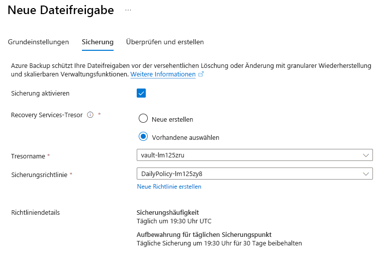 Screenshot: Aktivieren oder Deaktivieren der Sicherung von Dateifreigaben