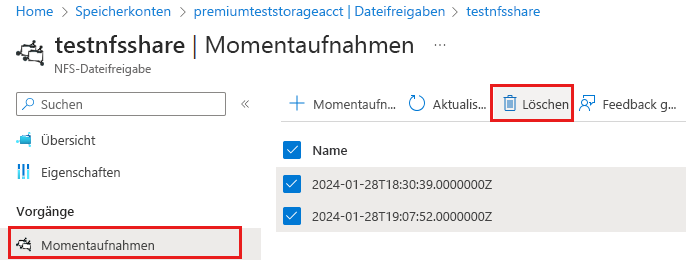 Screenshot: Löschen von Momentaufnahmen einer Dateifreigabe.