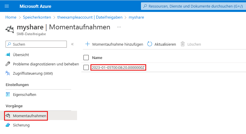 Screenshot: Navigation zum Anzeigen des Namens und Zeitstempels einer Momentaufnahme einer Dateifreigabe im Azure-Portal.