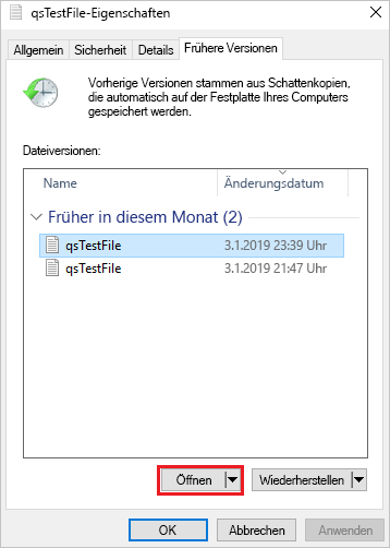 Screenshot: Registerkarte „Vorherige Versionen“