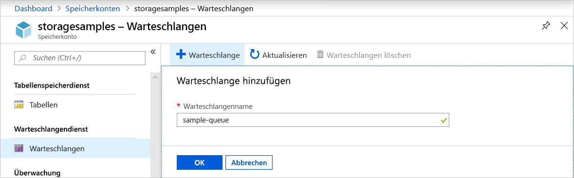 Screenshot: Erstellen einer Warteschlange über das Azure-Portal