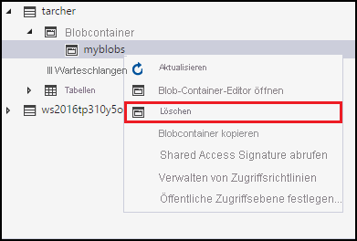 Delete blob container context menu