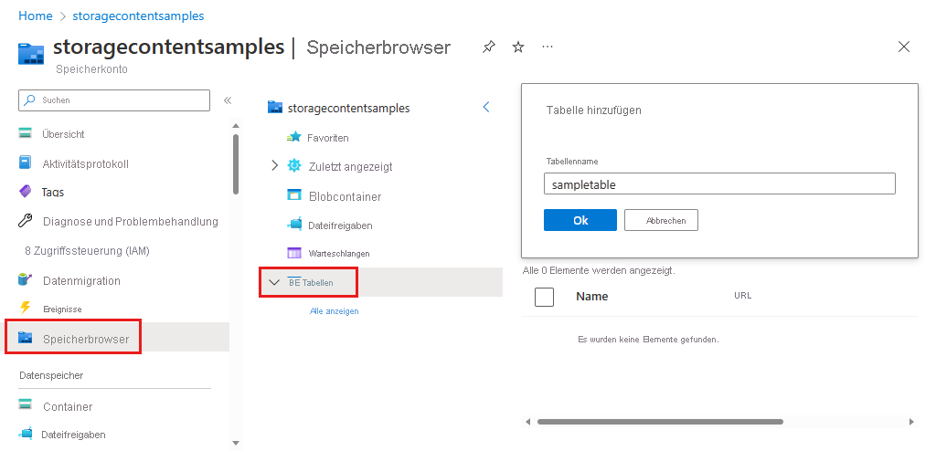 Screenshot showing how to create a table in Storage Browser in the Azure portal.