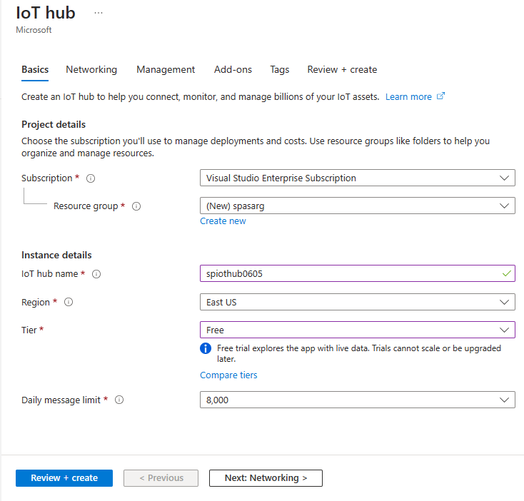 Screenshot: Seite „IoT Hub“ für die Erstellung