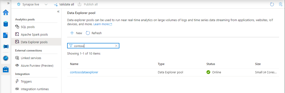 Neue Data Explorer-Pool-Liste in Synapse Studio