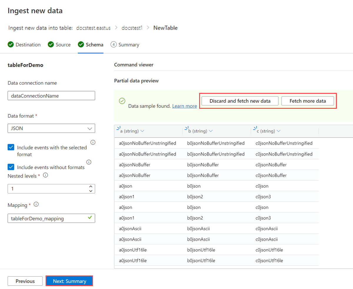 Screenshot: Registerkarte „Schema“ beim Erfassen neuer Daten in Azure Synapse-Daten-Explorer mit Event Hubs mit nur einer Wahl.