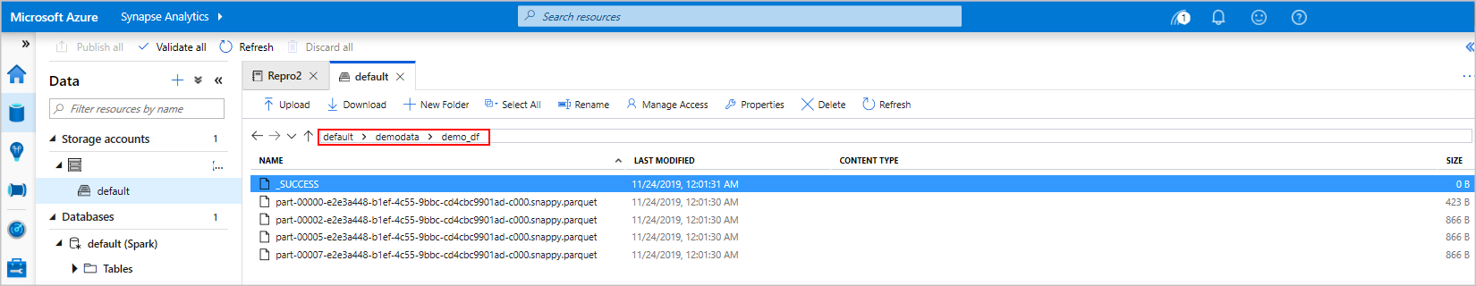 Screenshot, der „Standard > demodata > demo_df path“ hervorhebt.