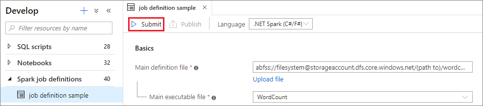 Auswählen der Schaltfläche „Übermitteln“, um die Spark-Auftragsdefinition zu übermitteln