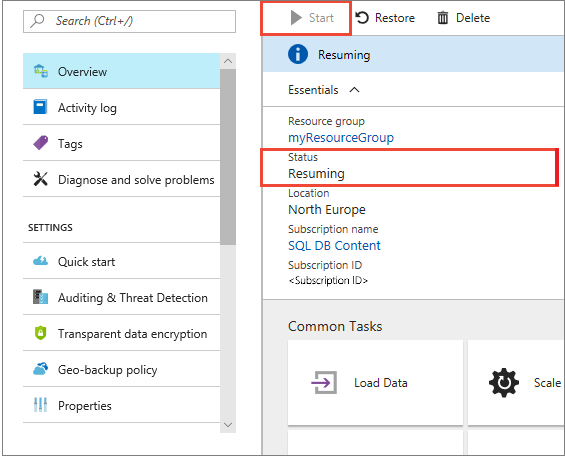 Screenshot, in dem das Azure-Portal für ein Beispiel-Data Warehouse mit ausgewählter Schaltfläche „Starten“ und dem „Status“-Wert „Wird fortgesetzt“ gezeigt ist