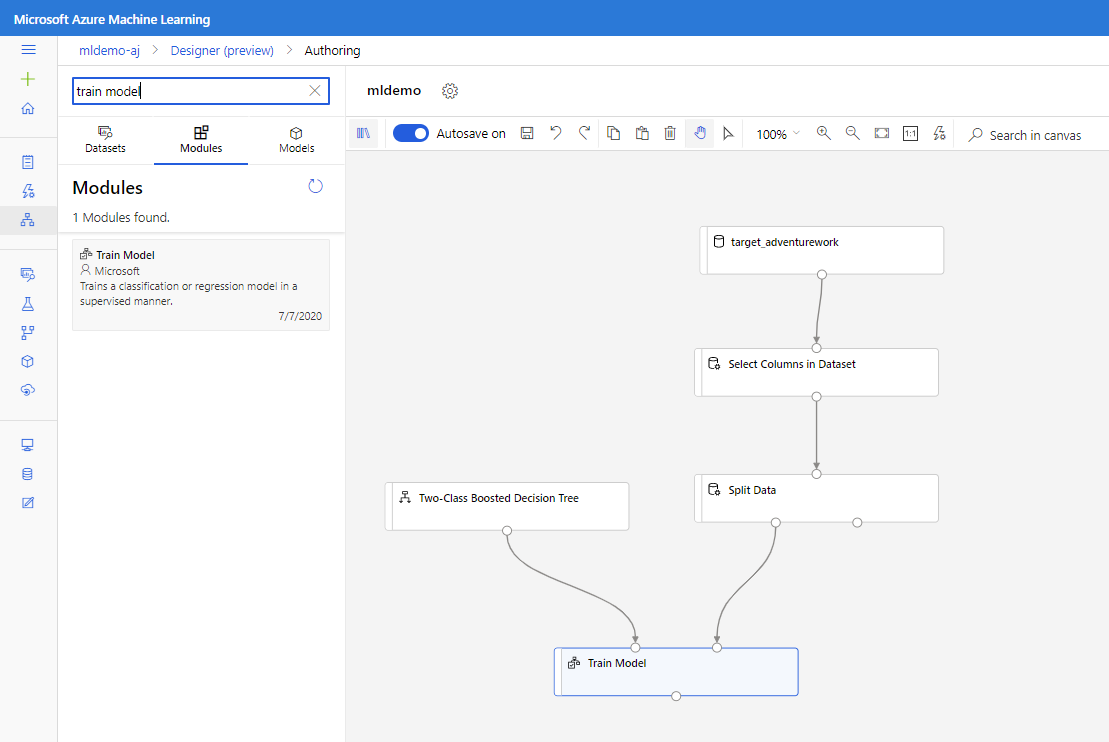 Screenshot der Komponente „Train Model“, die mit den Komponenten „Verstärkte Entscheidungsstruktur mit zwei Klassen“ und „Daten aufteilen“ verbunden ist