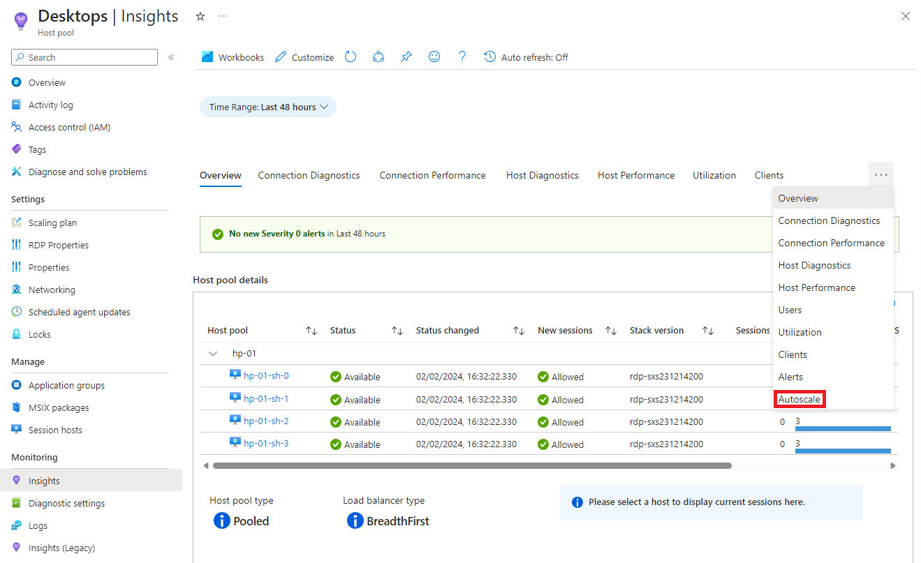 Ein Screenshot zeigt die Registerkarte „Übersicht“ von Insights für einen Hostpool mit den Auslassungspunkten ausgewählt, um die vollständige Liste mit Autoskalierung anzuzeigen.